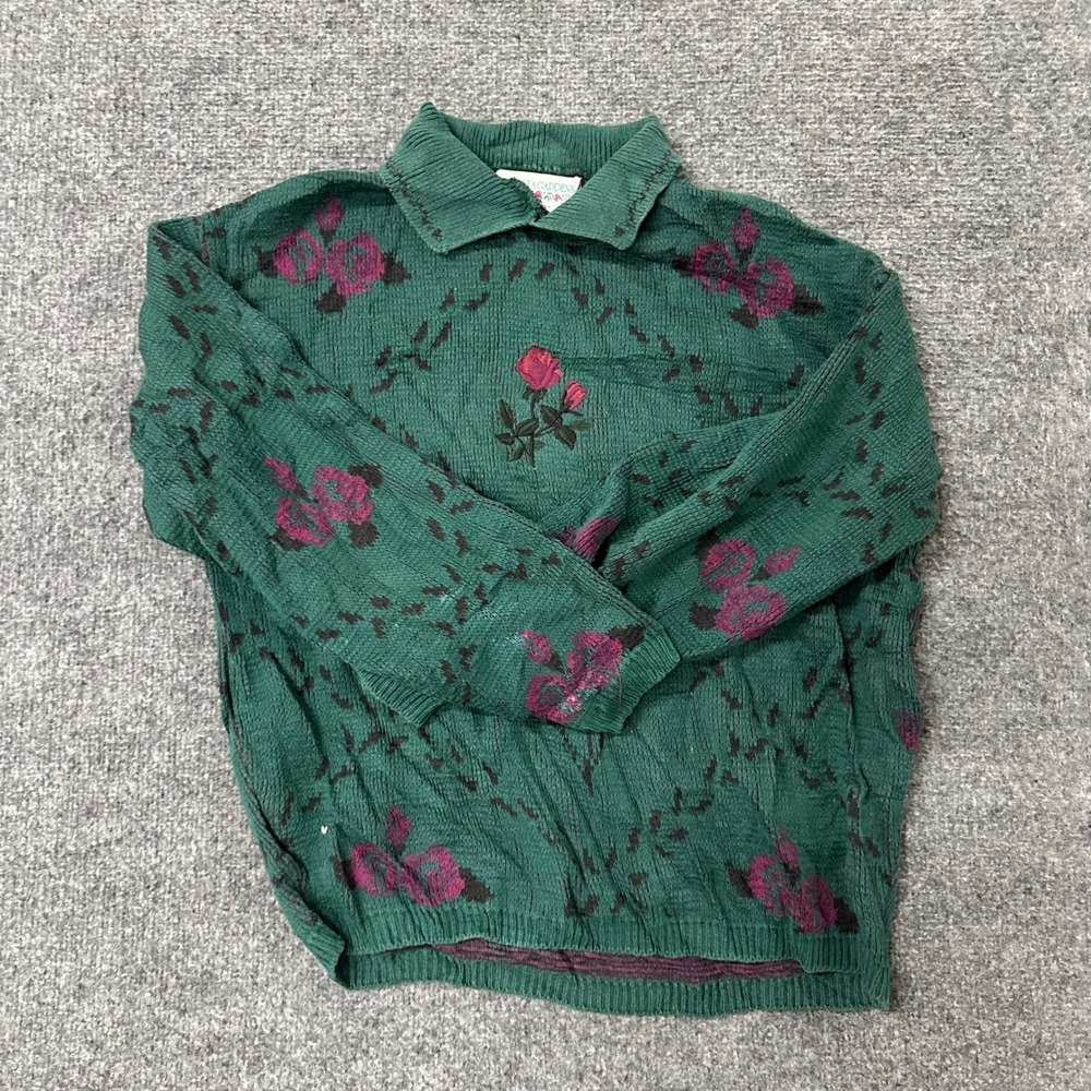 Chelsea Gardens Sweater Womens Size L Green Floral Cotton Knit Vintage